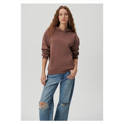 MaviKapüşonlu Kahverengi Basic Sweatshirt 167299-70383