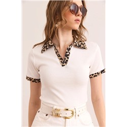 Olalook, Kadın Ekru Leopar Polo Yaka Renk Detaylı Esnek Pamuk Bluz BLZ-19002920