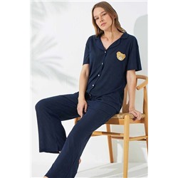 Siyah İnci Lacivert Soft Touch Ince Örme Nakışlı Düğmeli Pijama Takım 7664