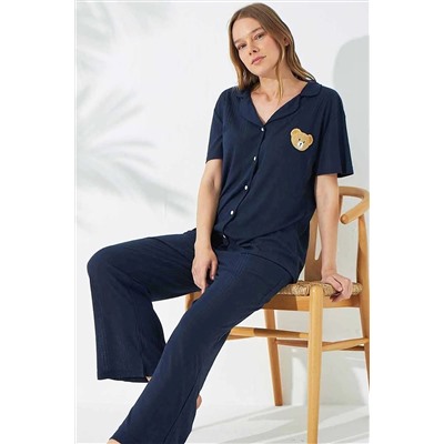 Siyah İnci Lacivert Soft Touch Ince Örme Nakışlı Düğmeli Pijama Takım 7664