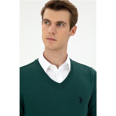 Erkek Slim Fit V Yaka Koyu Yeşil Basic Kazak