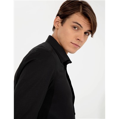 Siyah Slim Fit Armürlü Klasik Gömlek