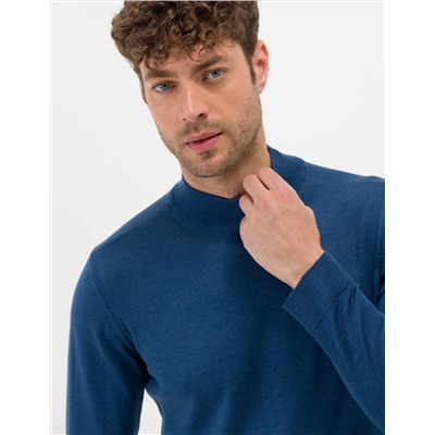 İndigo Melanj Slim Fit Yarım Balıkçı Basic Triko Kazak