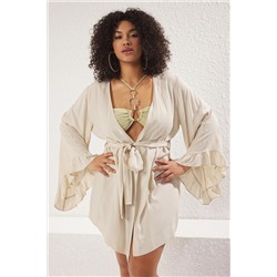 Ekru Kolu Fırfırlı Volanlı Viskon Plaj Giyim Dokuma Büyük Beden Kimono&Kaftan TBBSS23DE00001