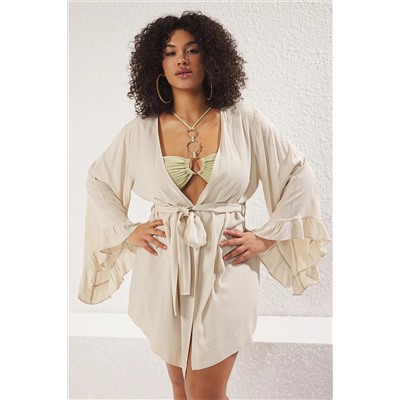 Ekru Kolu Fırfırlı Volanlı Viskon Plaj Giyim Dokuma Büyük Beden Kimono&Kaftan TBBSS23DE00001