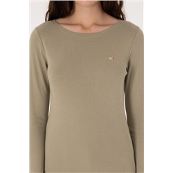 Kadın Açık Haki Slim Bisiklet Yaka Basic Sweatshırt