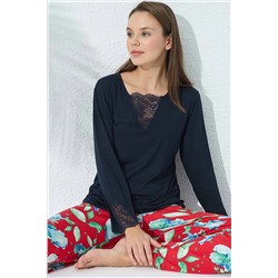 Siyah İnci lacivert desenli Dantel Detaylı Viskon Pijama Takım 23119280