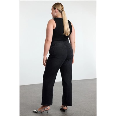 Antrasit Yüksel Bel Taşlı Straight Fit Büyük Beden Jeans TBBAW25CJ00000
