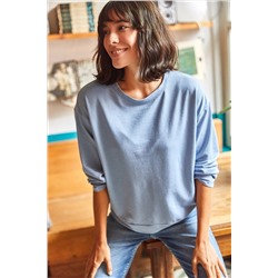 Olalook Kadın Düz İndigo Basic Yumuşak Dokulu Salaş Sweatshirt SWT-19000457