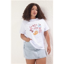 Beyaz Kokteyl Baskılı Boyfriend Fit Büyük Beden T-shirt TBBSS25BF00068