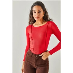 Olalook Kadın Kırmızı Dikiş Detaylı Crop Likralı Bluz BLZ-19002161