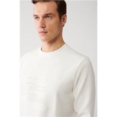 Beyaz İnterlok Kumaş Bisiklet Yaka Slogan Gofre Baskılı Regular Fit Standart Kesim Sweatshirt