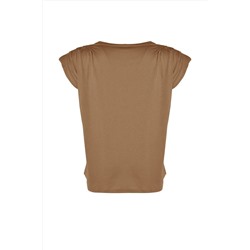 Camel Bisiklet Yaka Basic %100 Pamuk Örme Büyük Beden Bluz TBBSS23AF00053
