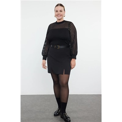 Trendyol Curve Siyah Dik Yaka Dantelli Vücuda Oturan Örme Büyük Beden Bluz TBBAW25AF00010