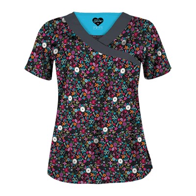 UA Butter-Soft STRETCH Country Wild Flower Black Scrub Top