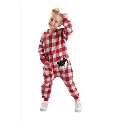 Denokids Fox Ekose Kırmızı Beyaz Kız Çocuk Dokuma Tulum CFF-21S1-003