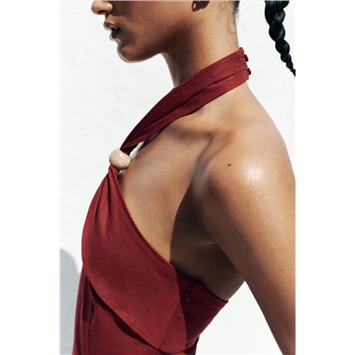 LINEN BLEND HALTER MIDI DRESS