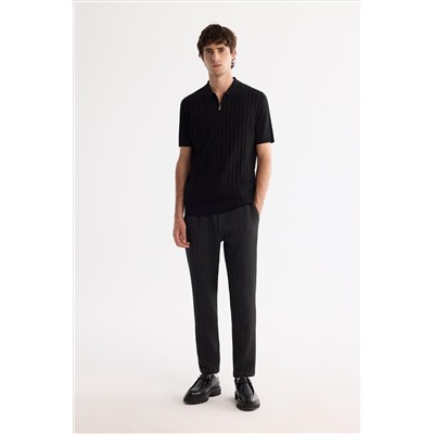 Siyah Polo Yaka Fermuarlı Rayon Triko T-Shirt