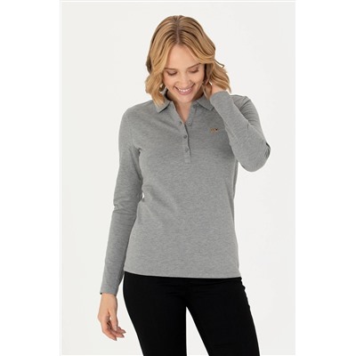 Kadın Gri Melanj Basic Polo Yaka Sweatshirt