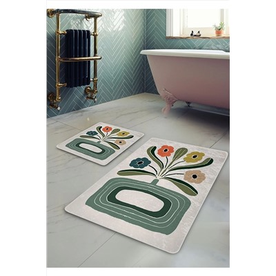 Pilloveland Kaymaz Taban Yıkanabilir 2’li Banyo Paspası - Vazo Desenli 60*100 Cm - 50*60 Cm BM0180