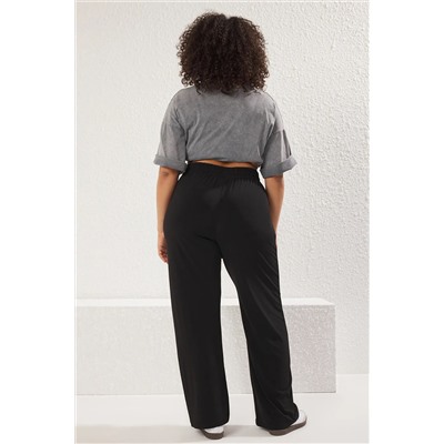 Siyah Yüksek Bel Geniş Paça Örme Pantolon TBBSS25AR00005