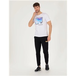 Beyaz Slim Fit Baskılı Bisiklet Yaka Tişört
