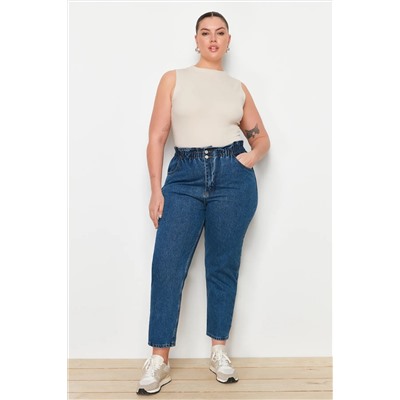Trendyol Curve Mavi Yüksek Bel Beli Lastikli Mom Jeans TBBAW23JE00002