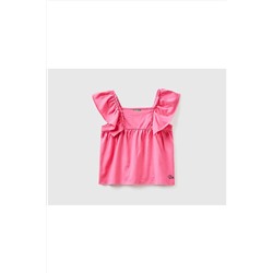 United Colors of BenettonKız Çocuk Fuşya Omzu Fırfır Detaylı Penye T-Shirt