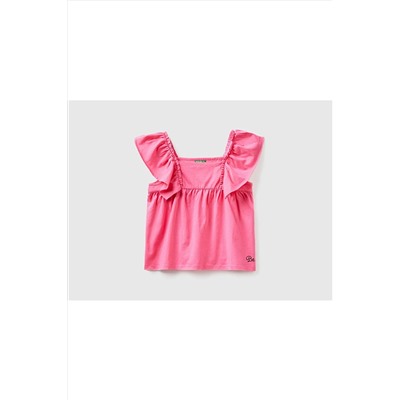 United Colors of BenettonKız Çocuk Fuşya Omzu Fırfır Detaylı Penye T-Shirt