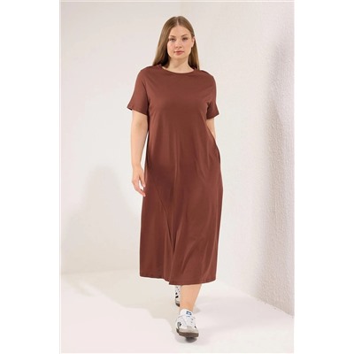 Kahverengi Midi %100 Pamuk Örme T-shirt Elbise TBBSS24AH00067