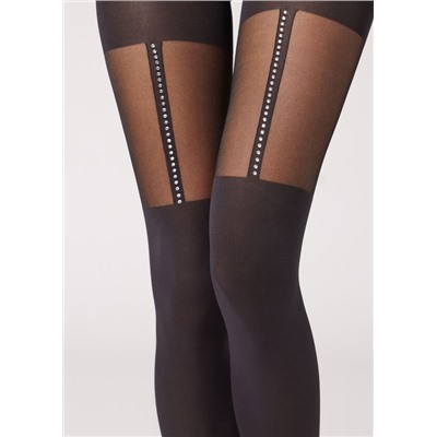 Strumpfhose in Strumpfhalter-Optik mit Strass