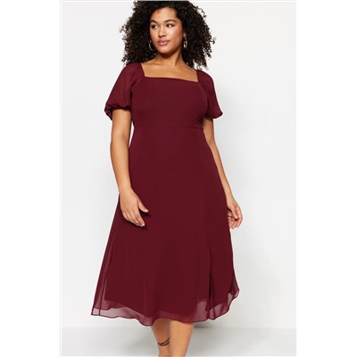 Bordo Dokuma Yırtmaçlı Elbise TBBSS22AH0012