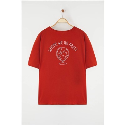 Kiremit %100 Pamuk Sırt Baskılı Rahat Kesim Bisiklet Yaka Örme T-Shirt TBBSS24BF00025