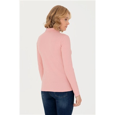 Kadın Pudra Basic Polo Yaka Sweatshirt