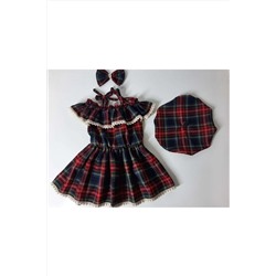 Moda Lina Ekose Elbise Toka Şapka Set ekose-tka