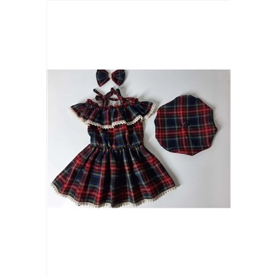 Moda Lina Ekose Elbise Toka Şapka Set ekose-tka