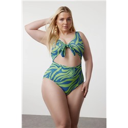 Trendyol Curve Mavi-Yeşil Derin V Cut Out Bağlama Detaylı Soyut Desenli Büyük Beden Mayo TBBSS23AM00008