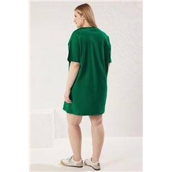 Yeşil Bisiklet Yaka Leopar Baskılı %100 Pamuk Örme Büyük Beden T-shirt Elbise TBBSS23AH00163