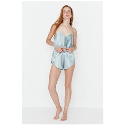 TRENDYOLMİLLA Açık Mavi Dantel Detaylı Crop Saten Dokuma Pijama Takımı THMSS22PT0264