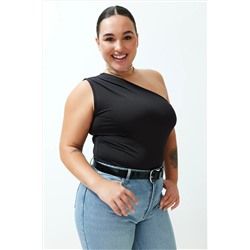 Siyah Asimetrik Yakalı Alttan Çıtçıtlı Örme Body TBBSS24AF00066