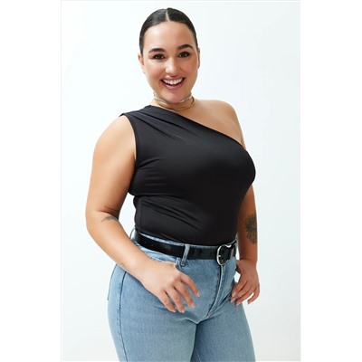Siyah Asimetrik Yakalı Alttan Çıtçıtlı Örme Body TBBSS24AF00066