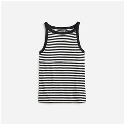High-neck tank top in striped stretch linen blend