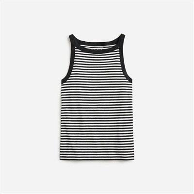 High-neck tank top in striped stretch linen blend