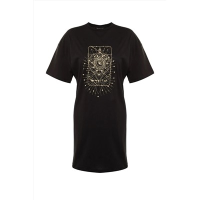Siyah Geometrik Baskılı %100 Pamuk Örme Büyük Beden T-Shirt Elbise TBBSS22EL2269