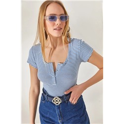 Olalook, Kadın Çizgili İndigo Çıtçıtlı Kaşkorse Bluz BLZ-19000171