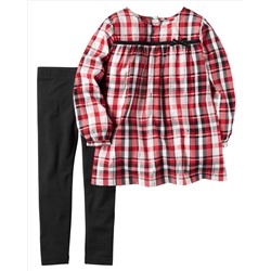 2-Piece Metallic Plaid Top & Denim Legging Set