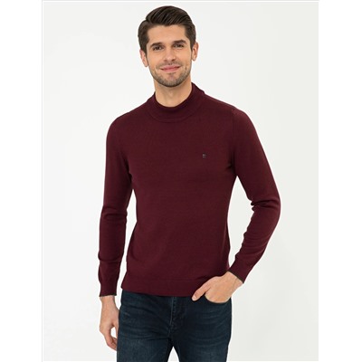 Bordo Slim Fit Yarım Balıkçı Yaka Basic Triko Kazak