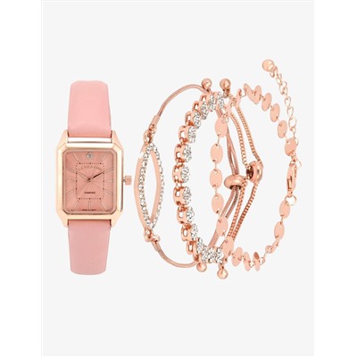 LADIES PINK SQUARE WATCH AND BRACELETS SET