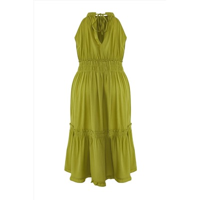 Haki Halter Yaka Dokuma Elbise TBBSS23AH00207