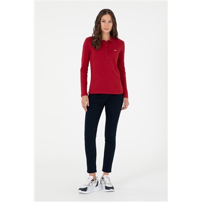 Kadın Kırmızı Basic Polo Yaka Sweatshirt